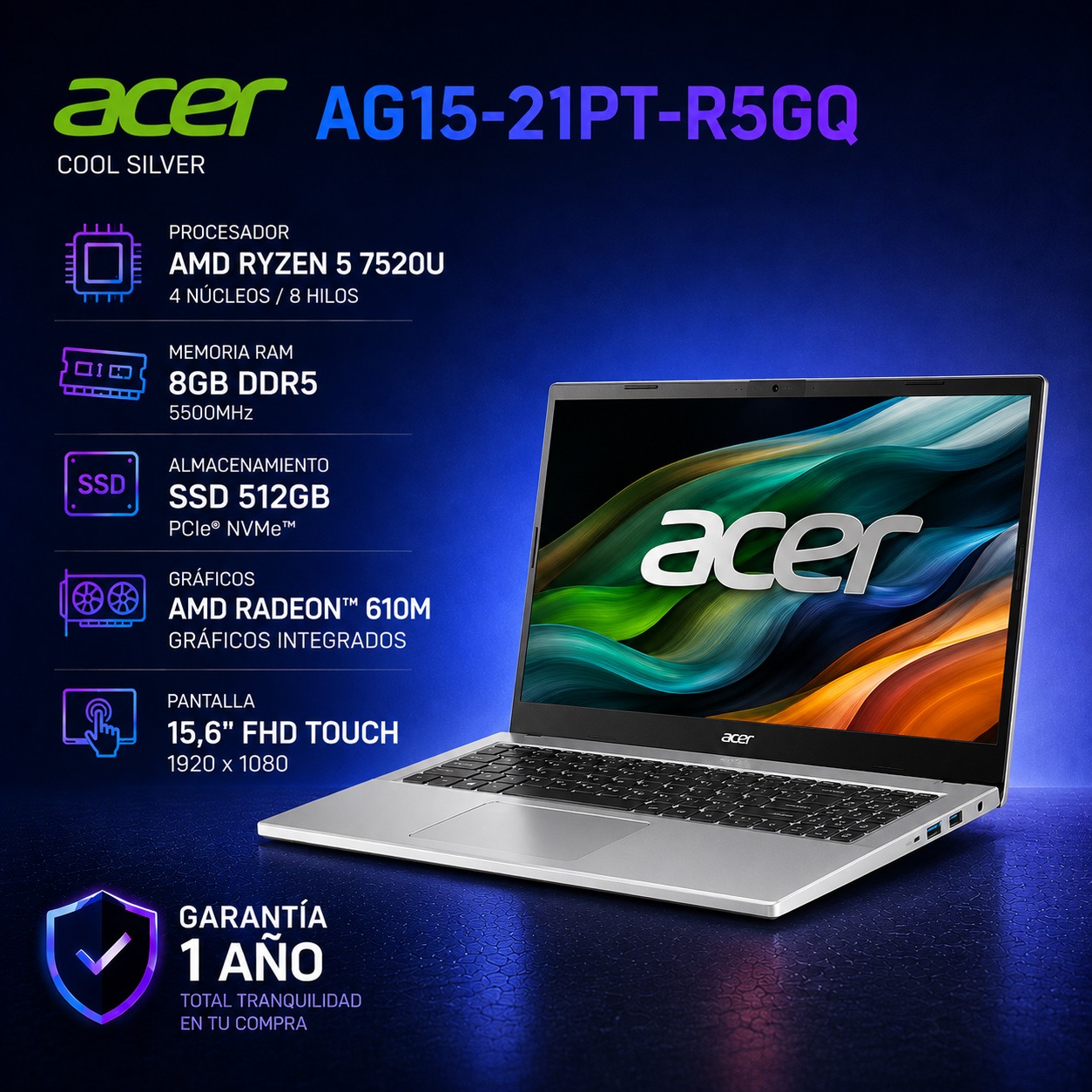 Acer AG15-21PT-R5GQ AMD Ryzen 5-7520U - 512 SSD- 8 GB RAM DDR5 - 15,6 FHD TOUCH COOL SILVER