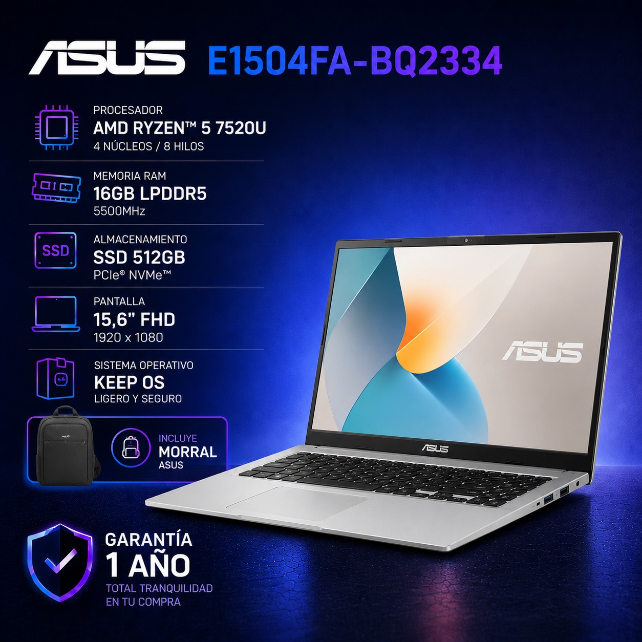 ASUS E1504FA-BQ2334 AMD Ryzen™️ 5 7520U , 15,6" FHD, 16 GB, 512 SSD, SO Keep, Cool Silver. Morral
