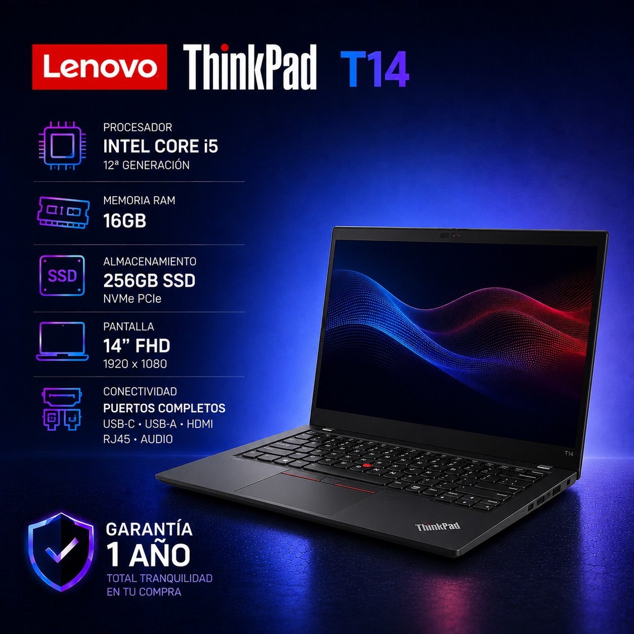 ThinkPad T14 Intel Core i5 12ª Gen 16GB 256GB