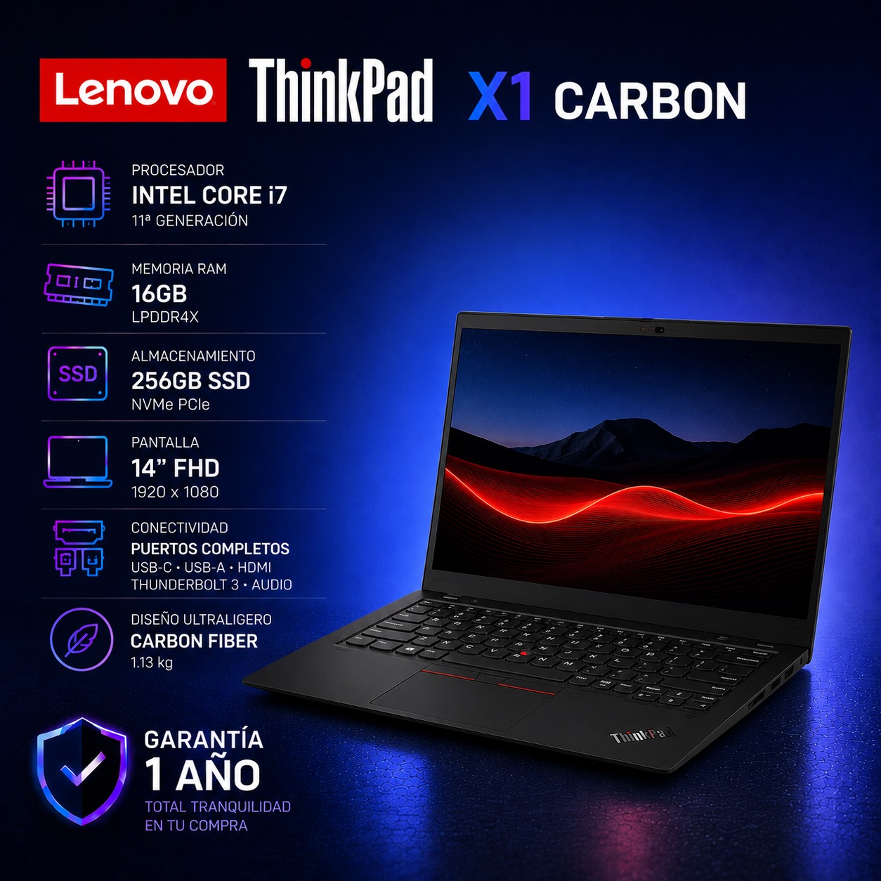 LENOVO THINKPAD X1 CARBON GEN 9 INTEL I7 11TH 16GB RAM 512GB WIN 11 PRO USADA